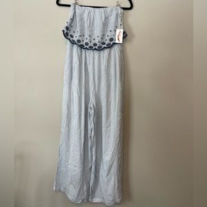 Jessica Simpson blue and white strapless jumpsuit. NWT. Size L